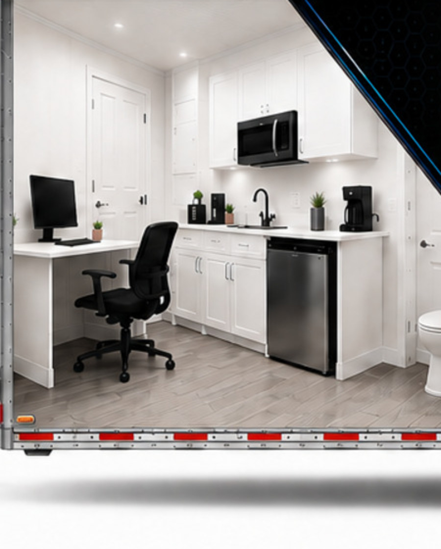 Inside the mobile office: white kitchenette with microwave and mini fridge, desk with monitor and office chair